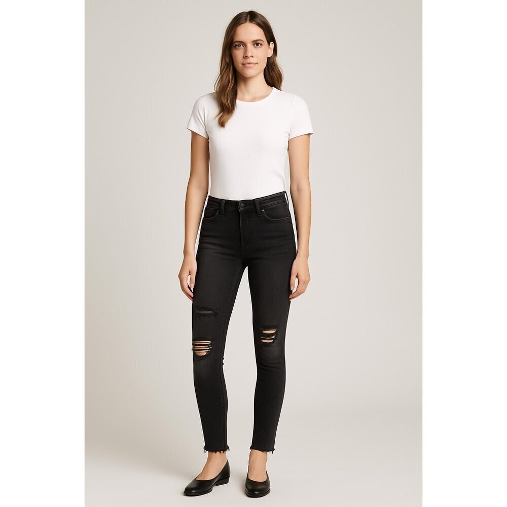 The Kooples Skinny Black Distressed Jeans Raw Hem Size 26 Mid Rise Stretch Denim